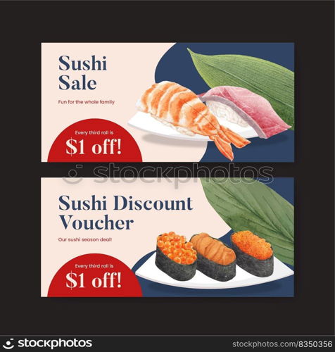 Voucher template with premium sushi concept,watercolor style 