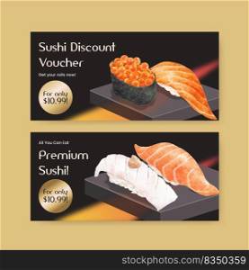 Voucher template with premium sushi concept,watercolor style 
