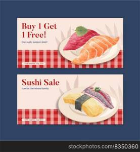 Voucher template with premium sushi concept,watercolor style
