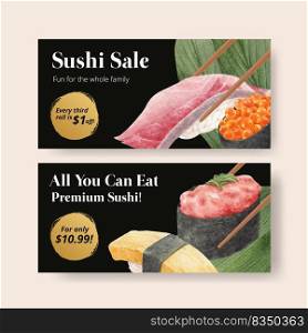 Voucher template with premium sushi concept,watercolor style 
