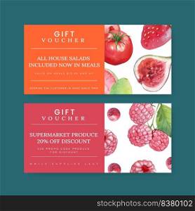 Voucher template with red fruits and vegetable concept,watercolor style 