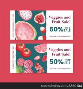 Voucher template with red fruits and vegetable concept,watercolor style 