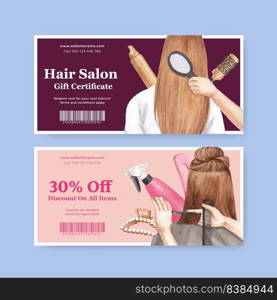 Voucher template with salon hair beauty concept,watercolor style 