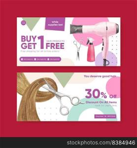 Voucher template with salon hair beauty concept,watercolor style 