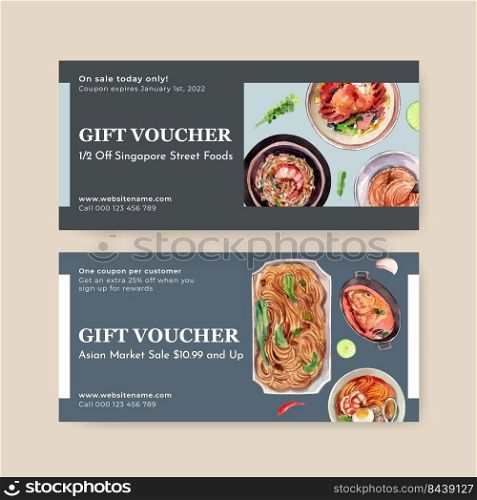 Voucher template with Singapore cuisine concept,watercolor style 