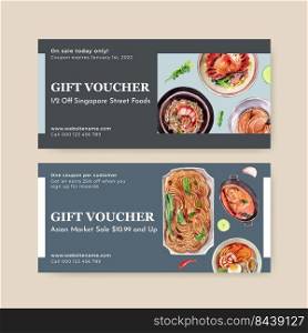 Voucher template with Singapore cuisine concept,watercolor style 