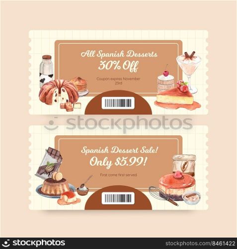 Voucher template with Spain dessert concept,watercolor style 