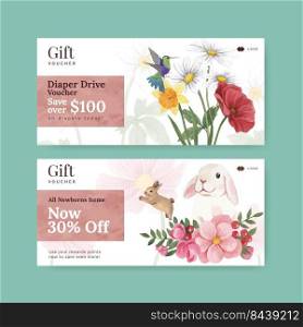 Voucher template with spring woodland wildlife concept,watercolor style 