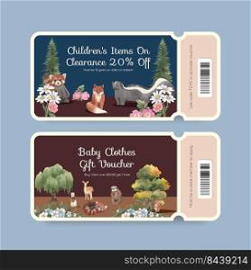 Voucher template with spring woodland wildlife concept,watercolor style
