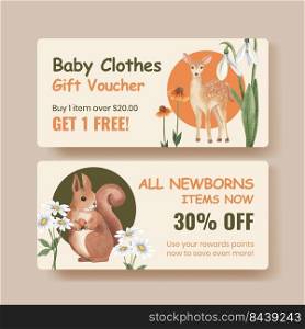 Voucher template with spring woodland wildlife concept,watercolor style 