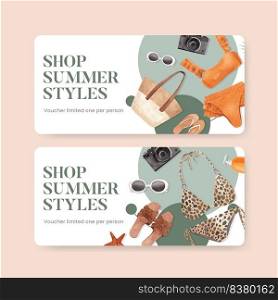 Voucher template with summer outfit fashion concept,watercolor style
