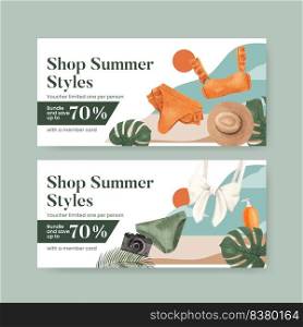 Voucher template with summer outfit fashion concept,watercolor style 