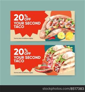 Voucher template with taco day concept,watercolor style 
