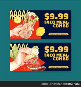 Voucher template with taco day concept,watercolor style 