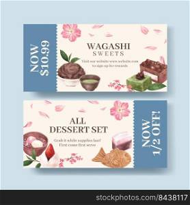 Voucher template with wagashi Japanese dessert concept,watercolor style 