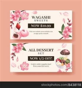 Voucher template with wagashi Japanese dessert concept,watercolor style 