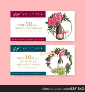 Voucher template with wine party concept,watercolor style
