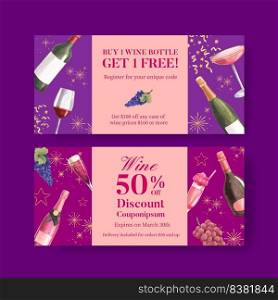 Voucher template with wine party concept,watercolor style

