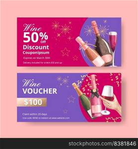 Voucher template with wine party concept,watercolor style 