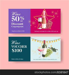 Voucher template with wine party concept,watercolor style 