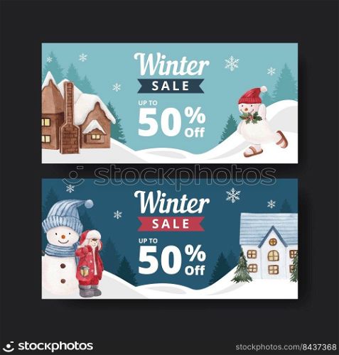 Voucher template with winter living concept,watercolor style