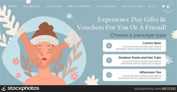 Vouchers and day gifts for spa salon relaxation and treatment for women. Luxury procedures and outdoor pools, hot tubs and tea. Website landing page template, online site. Vector in flat style. Day gifts and vouchers for spa salon, website