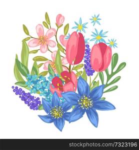 Vouquet with spring flowers. Beautiful decorative natural plants, buds and leaves.. Bouquet with spring flowers.