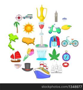 Voyage icons set. Cartoon set of 25 voyage vector icons for web isolated on white background. Voyage icons set, cartoon style