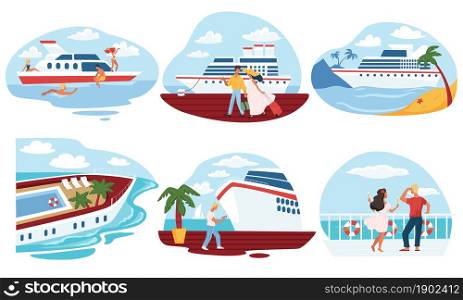 Voyage tourist vacation or weekends spend on cruise liner or yacht. Ship by seaside or port, people with tickets ready for boarding. Passengers with baggage walking in deck, vector in flat style. Cruise and voyage relax on weekends or vacation