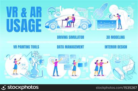 VR and AR usage flat color vector conceptual infographic template. Poster, booklet, PPT page concept design with cartoon characters. Mixed reality tech. Advertising flyer, leaflet, info banner idea. VR and AR usage flat color vector conceptual infographic template