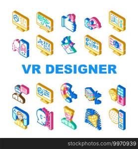 Vr Designer Occupation Collection Icons Set Vector. Programming And Design In Car Building, 3d Glasses And Modeling, Vr Designer Work Isometric Sign Color Illustrations. Vr Designer Occupation Collection Icons Set Vector