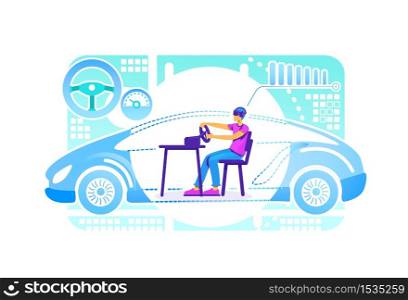 VR driving simulator 2D vector web banner, poster. Gamer in arcade racing car flat characters on cartoon background. Simulator for entertainment. Virtual reality for education colorful scene. VR driving simulator 2D vector web banner, poster