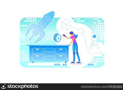 VR engineering program 2D vector web banner, poster. Engineer with glasses of virtual reality flat characters on cartoon background. Simulator for entertainment. Planning in cyberspace colorful scene. VR engineering program 2D vector web banner, poster