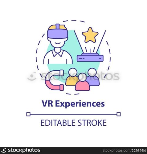 VR experiences concept icon. Customers engaging technology. Digital marketing trend abstract idea thin line illustration. Isolated outline drawing. Editable stroke. Arial, Myriad Pro-Bold fonts used. VR experiences concept icon