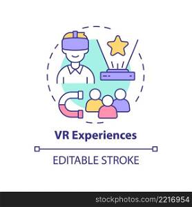 VR experiences concept icon. Customers engaging technology. Digital marketing trend abstract idea thin line illustration. Isolated outline drawing. Editable stroke. Arial, Myriad Pro-Bold fonts used. VR experiences concept icon
