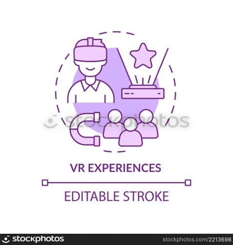 VR experiences purple concept icon. Augmented reality technology. Marketing trend abstract idea thin line illustration. Isolated outline drawing. Editable stroke. Arial, Myriad Pro-Bold fonts used. VR experiences purple concept icon