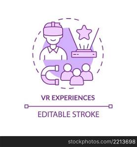VR experiences purple concept icon. Augmented reality technology. Marketing trend abstract idea thin line illustration. Isolated outline drawing. Editable stroke. Arial, Myriad Pro-Bold fonts used. VR experiences purple concept icon