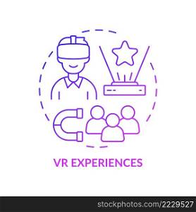 VR experiences purple gradient concept icon. Audience engaging technology. Digital marketing trend abstract idea thin line illustration. Isolated outline drawing. Myriad Pro-Bold font used. VR experiences purple gradient concept icon