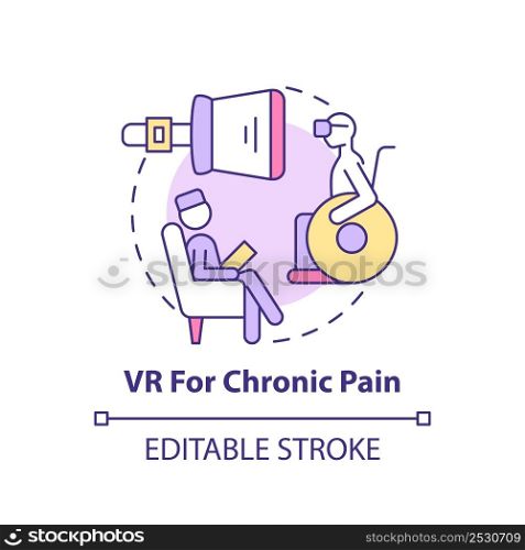 VR for chronic pain concept icon. Therapeutic effect. Mental health trend abstract idea thin line illustration. Isolated outline drawing. Editable stroke. Arial, Myriad Pro-Bold fonts used. VR for chronic pain concept icon