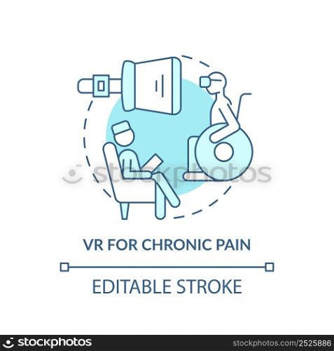 VR for chronic pain turquoise concept icon. Therapeutic effect. Mental health trend abstract idea thin line illustration. Isolated outline drawing. Editable stroke. Arial, Myriad Pro-Bold fonts used. VR for chronic pain turquoise concept icon