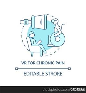 VR for chronic pain turquoise concept icon. Therapeutic effect. Mental health trend abstract idea thin line illustration. Isolated outline drawing. Editable stroke. Arial, Myriad Pro-Bold fonts used. VR for chronic pain turquoise concept icon