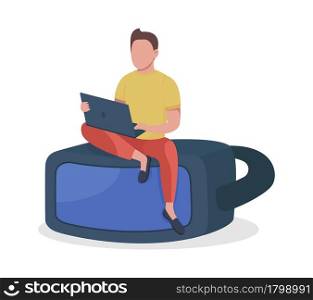 VR game development flat concept vector illustration. Virtual reality developer with laptop isolated 2D cartoon character on white for web design. VR headset. Creating AR video games creative idea. VR game development flat concept vector illustration