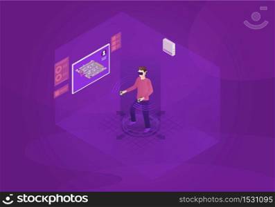 VR game isometric vector illustration. Virtual reality gaming experience. Futuristic digital technology. Person playing 3d concept. Gamer in VR headset with controllers. Web banner, presentation idea. VR game isometric vector illustration
