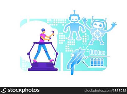 VR gaming experience 2D vector web banner, poster. Player in headset on platform flat characters on cartoon background. Simulator for entertainment. Innovative arcade video game colorful scene. VR gaming experience 2D vector web banner, poster