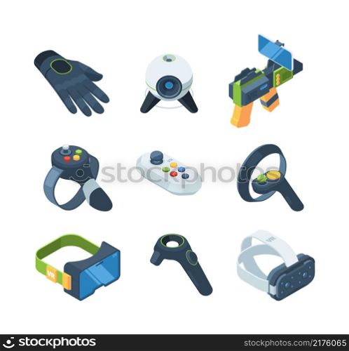 Vr gaming. Virtual controllers for video gaming experience garish vector isometric illustrations. Vr game device, virtual technology, reality controller gadget. Vr gaming. Virtual controllers for video gaming experience garish vector isometric illustrations