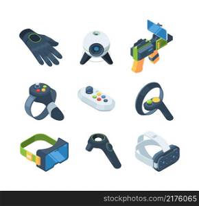 Vr gaming. Virtual controllers for video gaming experience garish vector isometric illustrations. Vr game device, virtual technology, reality controller gadget. Vr gaming. Virtual controllers for video gaming experience garish vector isometric illustrations