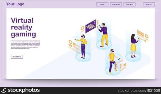 VR gaming webpage vector template with isometric illustration. Website interface design. Futuristic digital technology. People playing 3d concept. Virtual reality players, gamers. Web banner idea. VR gaming webpage vector template with isometric illustration
