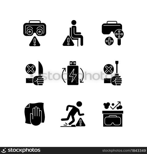 Vr glasses instructions black glyph manual label icons set on white space. Virtual reality headset usage. Silhouette symbols. Vector isolated illustration for product use instructions. Vr glasses instructions black glyph manual label icons set on white space