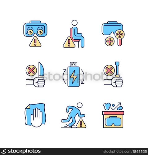 Vr glasses instructions RGB color manual label icons set. Virtual reality headset usage. Isolated vector illustrations. Simple filled line drawing for product use instructions collection. Vr glasses instructions RGB color manual label icons set