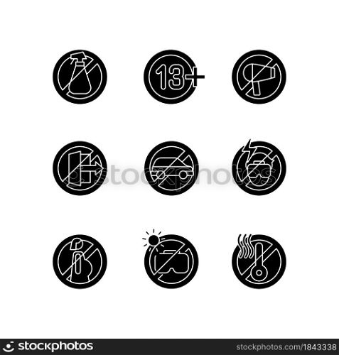 Vr glasses usage restrictions black glyph manual label icons set on white space. Virtual reality device. Silhouette symbols. Vector isolated illustration for product use instructions. Vr glasses usage restrictions black glyph manual label icons set on white space